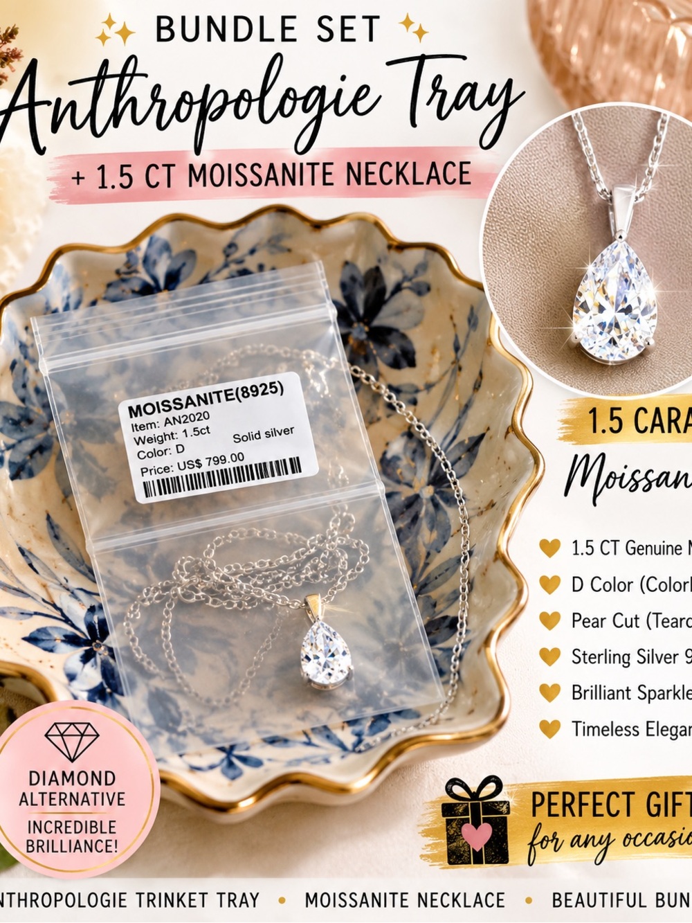Anthropologie Silver Pear Moissanite Necklace with Blue Floral Tray